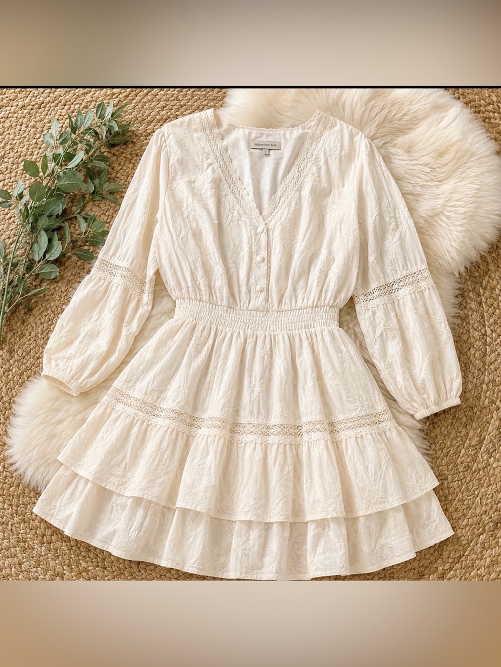Allison Women’s NY Cream Lace Tiered Mini Dress L Boho Romantic Cottagecore NWT
